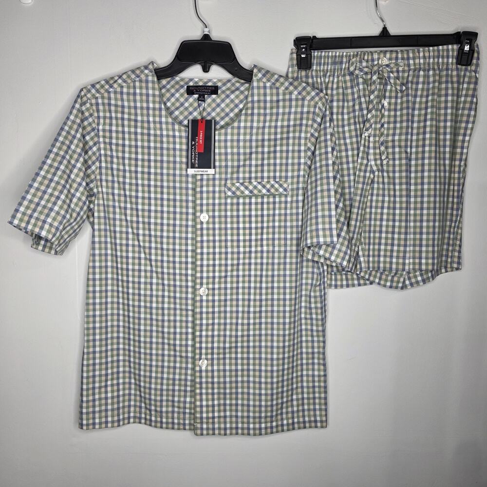 Roundtree & Yorke Pajama Set Mens S Multicolor Green Check Cotton Shorts 2 PC